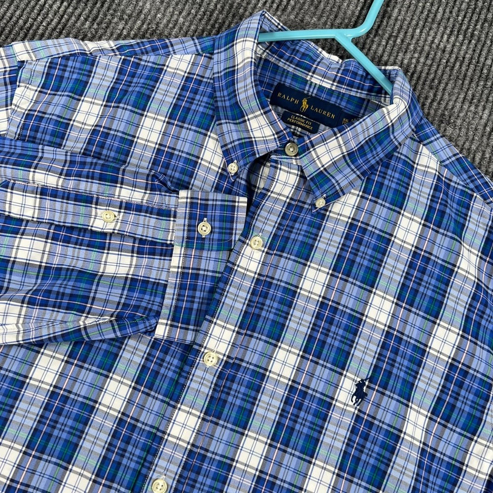 Ralph Lauren Classic Fit Performance Shirt Mens 2XL Blue Plaid Long Sleeve Butto